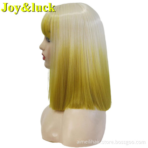 Women's Hairstyle Blonde Ombre Purple Ladies Party Wig With Bangs Short Natural Straight Cosplay Halloween Synthetic Hair Wigs